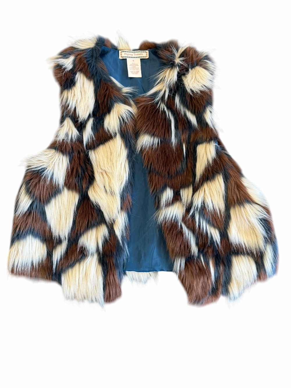 Flying Tomato Faux Fur Patchwork Vest Brown Cream‎ Size S